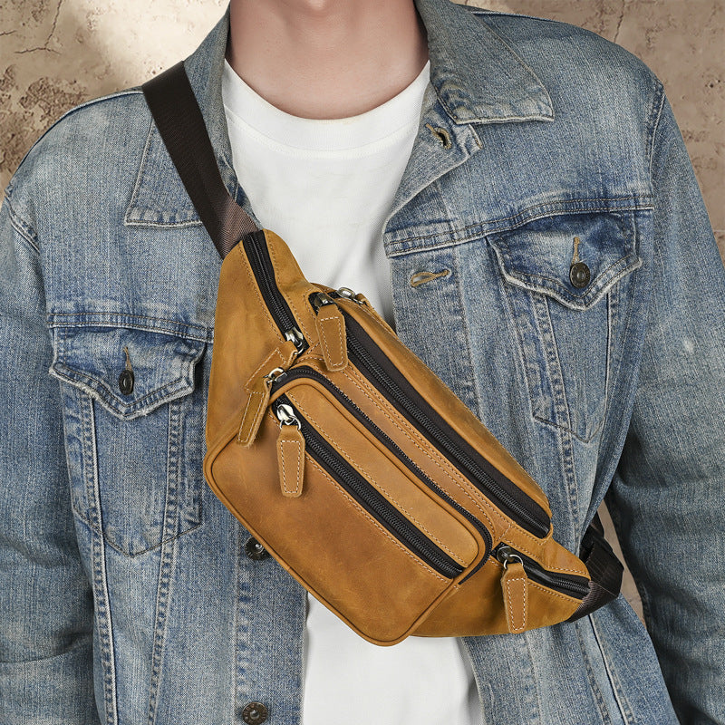 Crazy Horse Leather Mens Bag First-Layer Cowhide Caissier Waist