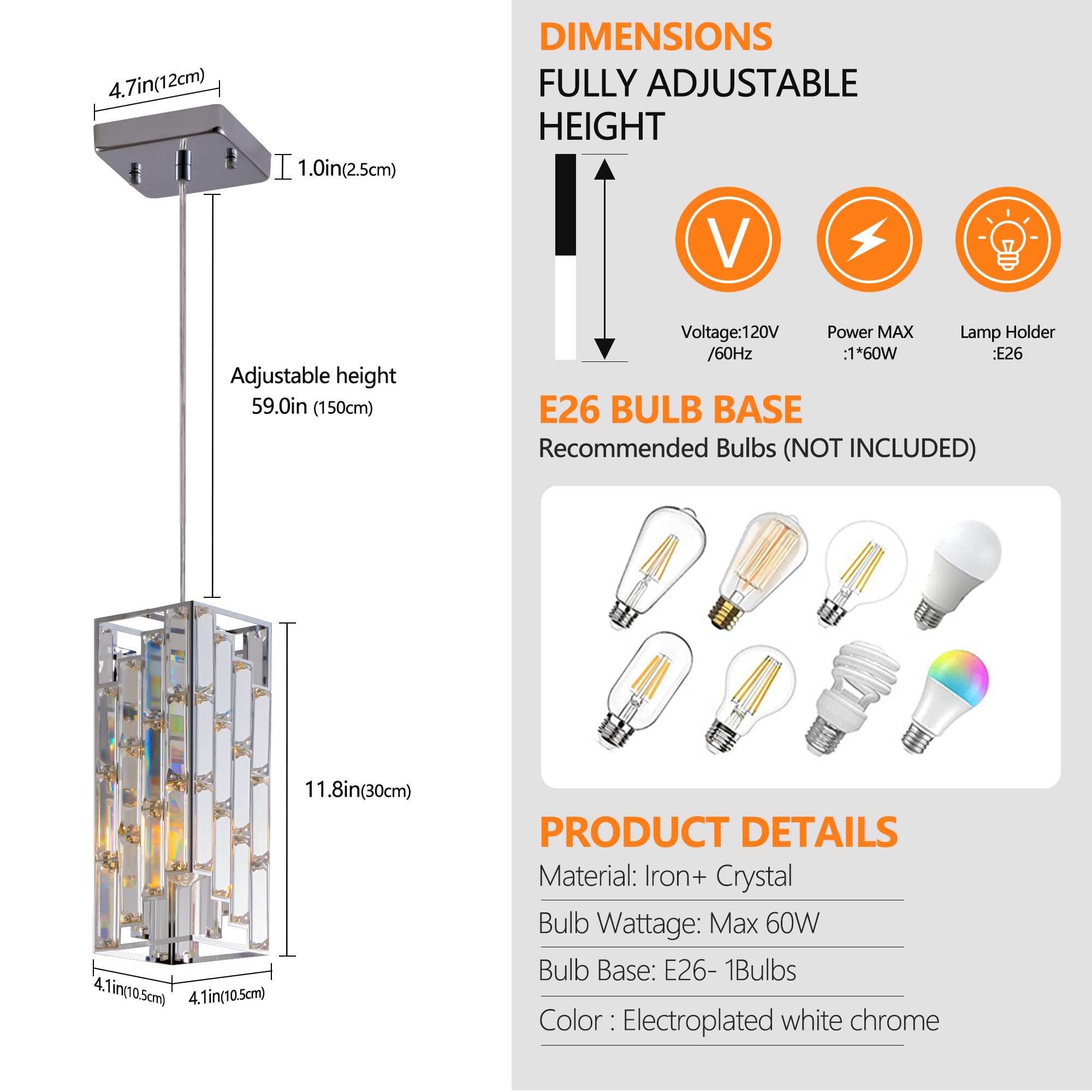 Lampe pendentif en cristal moderne de 4" - 3 paquets