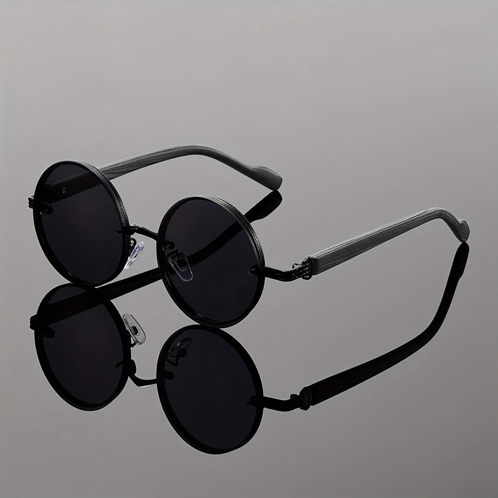 Lunettes de soleil vintage à cadre rond pour femmes Style de punk en métal avec des temples en grain de bois élégant et