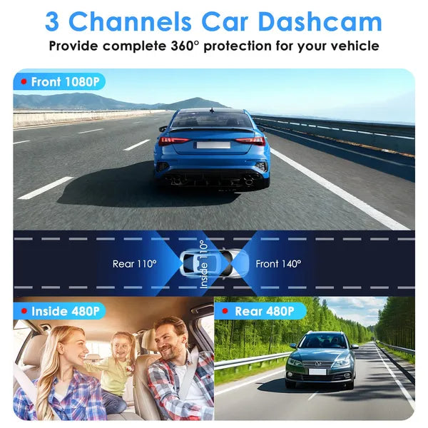 WiFi FHD 1080P 3 canaux voiture Dash Cam arrière à l'intérieur avec détection de mouvement de carte MMC 32G