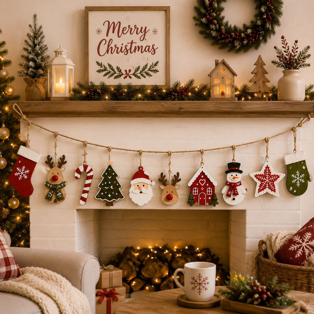 Bannière pendentif en bois décoratif de Noël