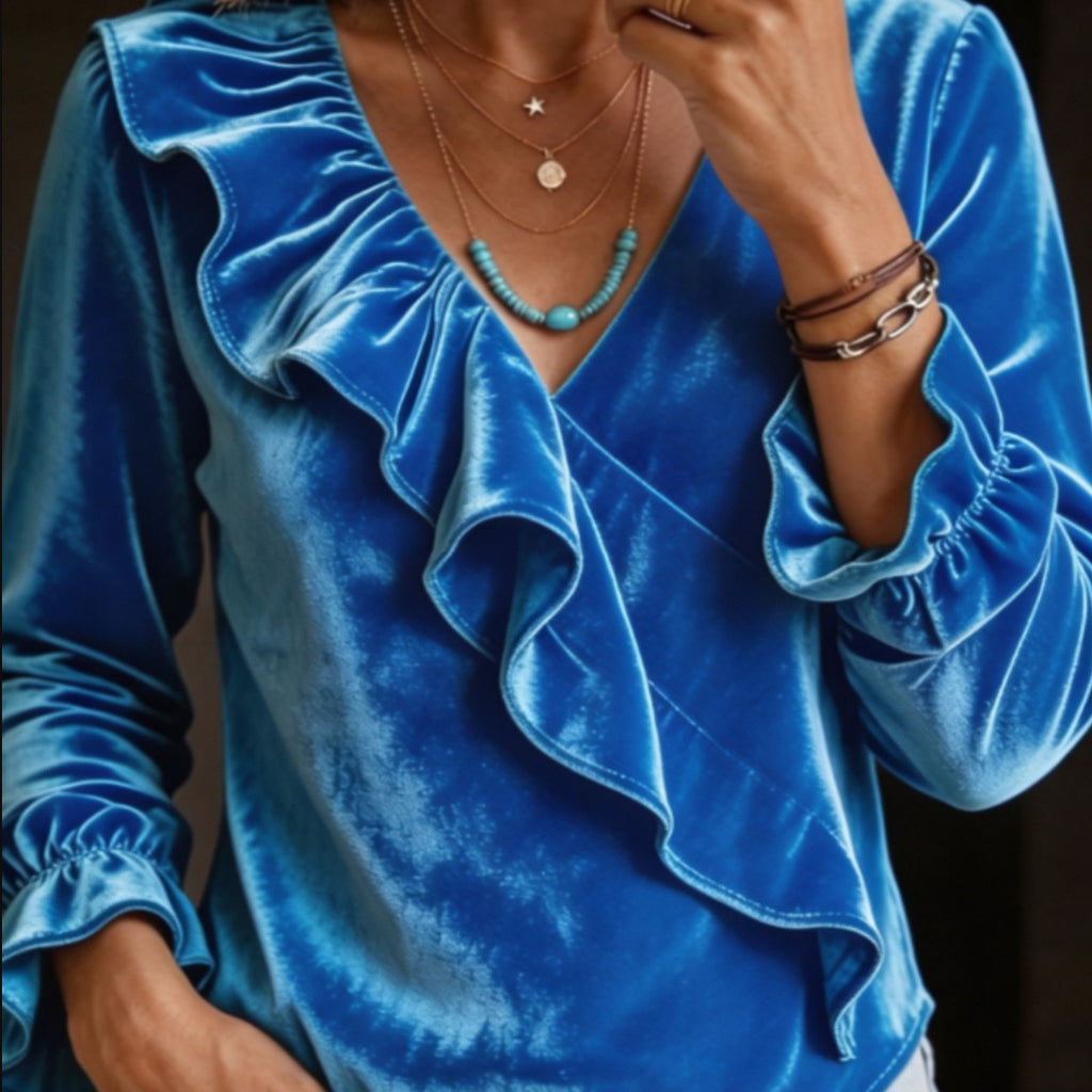 Femmes Velvet V-cou Rufflé Top