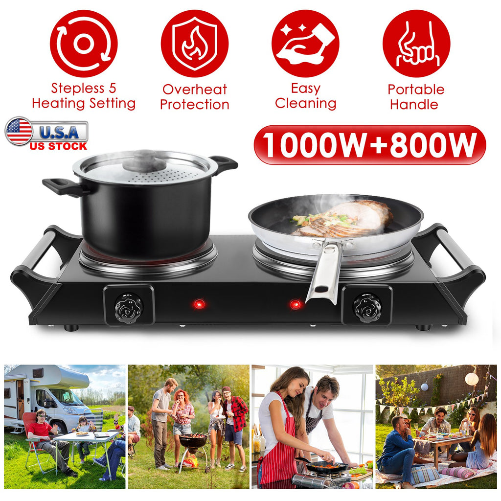 1800W Plaque de chauffage portable à double brûleur électrique plaque de cuisson de comptoir RV plaque avec 5 Te