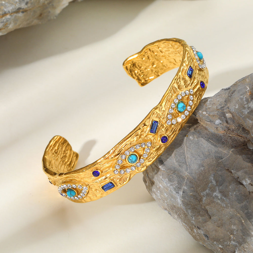 Acier inoxydable Zircon Turquoise Eye Bracelet ouvert en couleur or