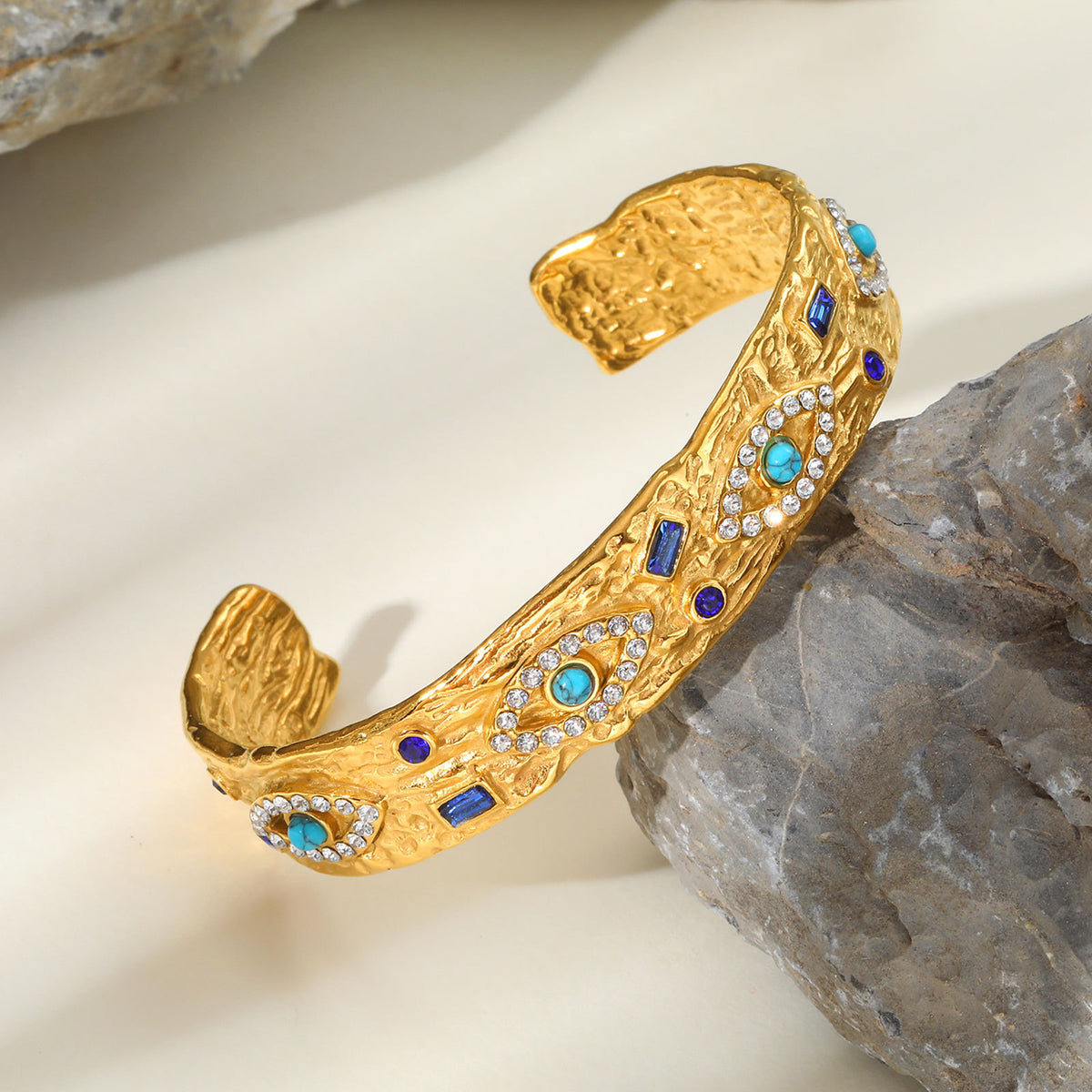 Acier inoxydable Zircon Turquoise Eye Bracelet ouvert en couleur or
