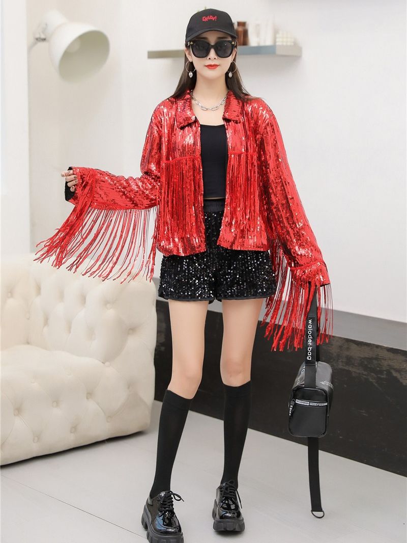 Long cardigan européen et américain avec paillettes et tassels