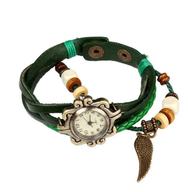 Belle Bohème style rétro en cuir fait main Angel Wing femmes montres