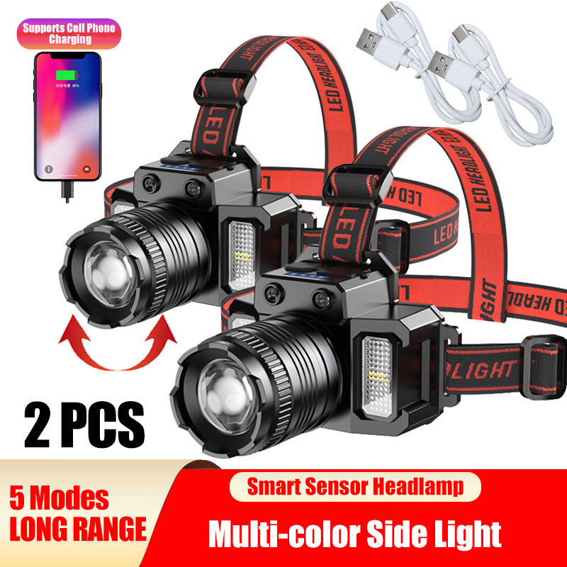 LED Tactical Headlamp Head Torch USB Rechargeable Motion Sensor Headlight Zoomable 5 Modes
