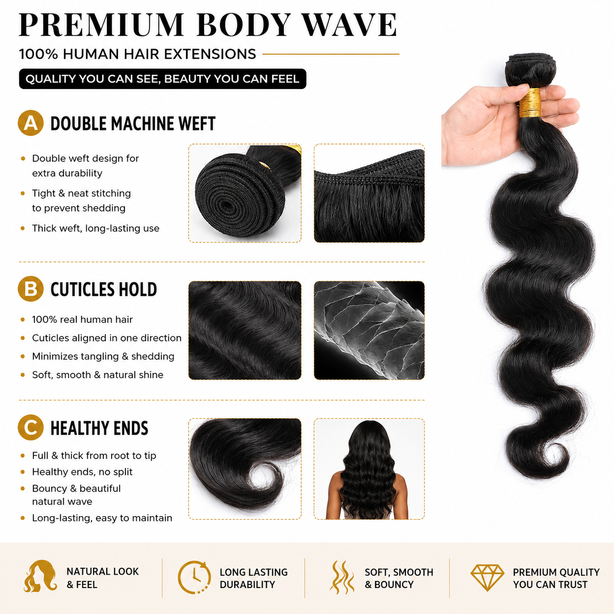 Glueless Body Wave Ensembles de cheveux humains pour l'usure quotidienne10A Virgin Remy cheveux porter doux & Thic
