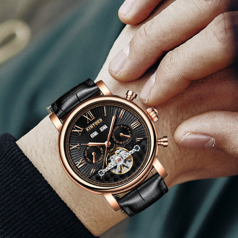 Montre mécanique automatique en cuir véritable homme Hollow Out