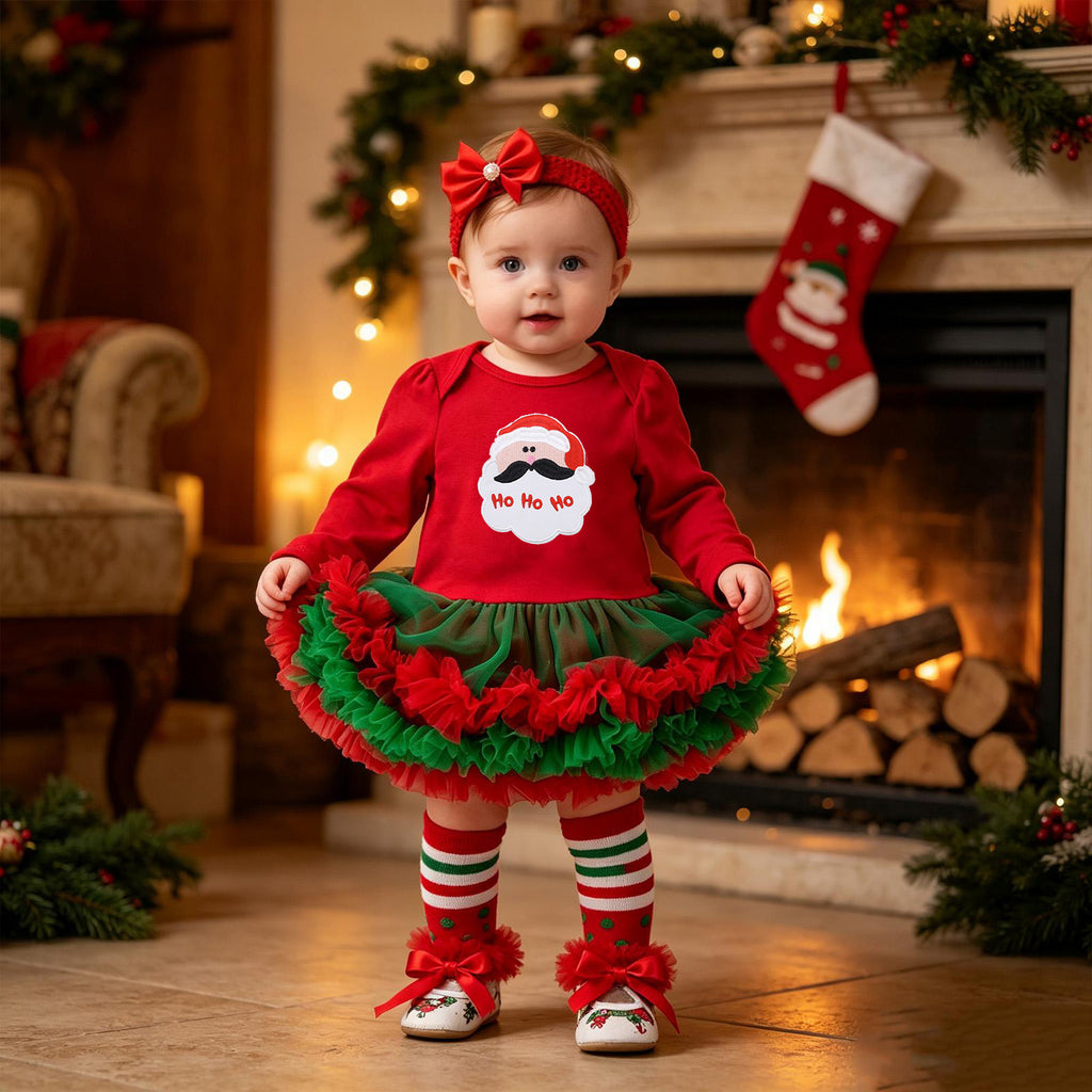 Bébé Noël à manches longues Robe de Romper rouge Tulle Une pièce Ensemble de quatre pièces
