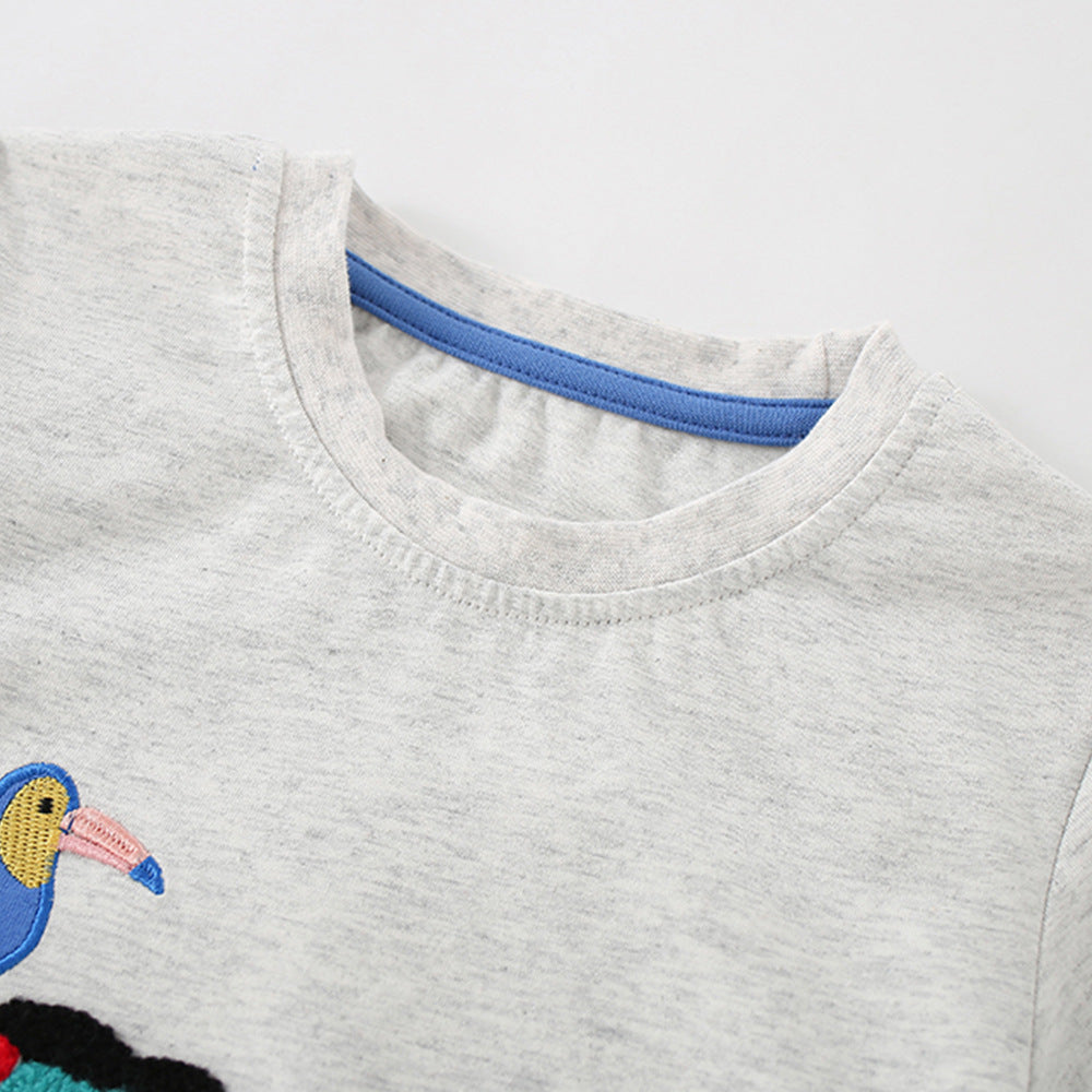Caricature Animal Col d'équipage Letter-broidered Top pour les jeunes enfants