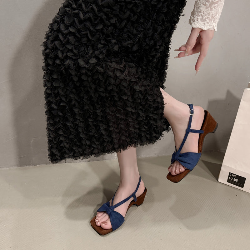 Femmes Retro Western bi-ton de couleur bloc Suede Wedge Sandales correspondant Casual Daily