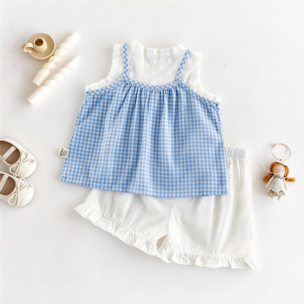 Dentelle Plaid Deux pièces Set pour les petites filles Vest Top et Blouse