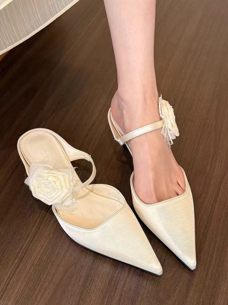 Femmes High Heel Chinese Style Floral Retro orteil fermé Mule Slippers Spring Summer Outdoo