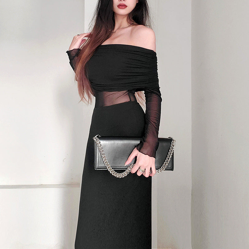 Robe de polyester à manches longues plissées pour femmes en hiver sexy
