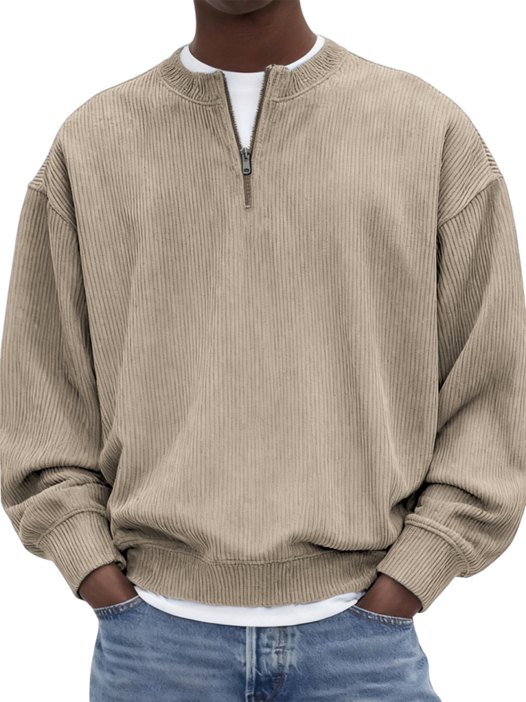 Casual hommes manches longues Corduroy Top avec un collier debout et une demi-zip