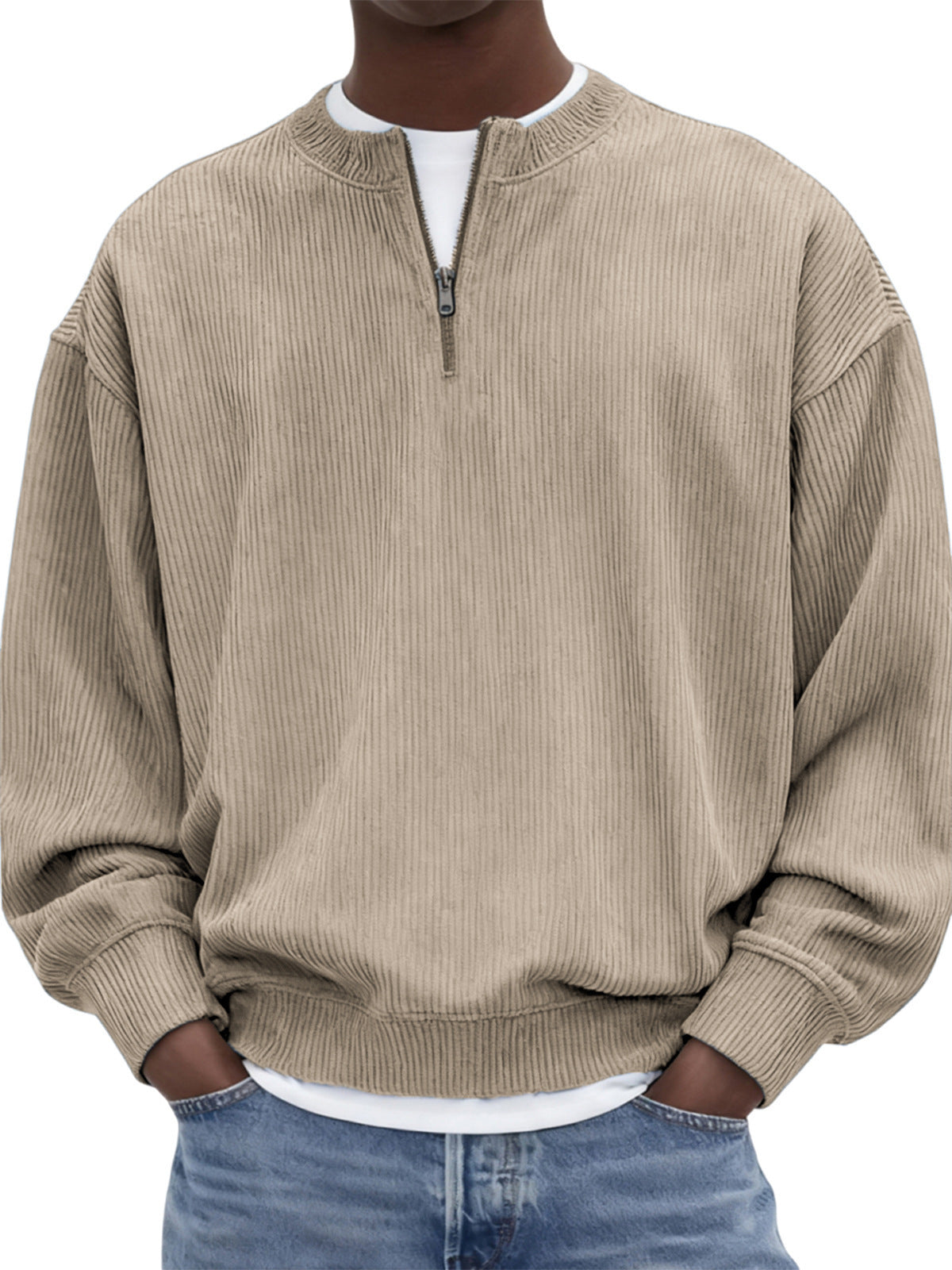 Casual hommes manches longues Corduroy Top avec un collier debout et une demi-zip