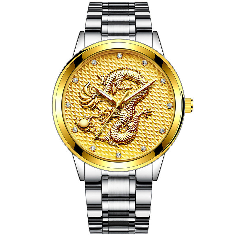 Dragon d'or embossé pour hommes jouant avec perles Diamond-inlaid Casual Business Quartz Watc
