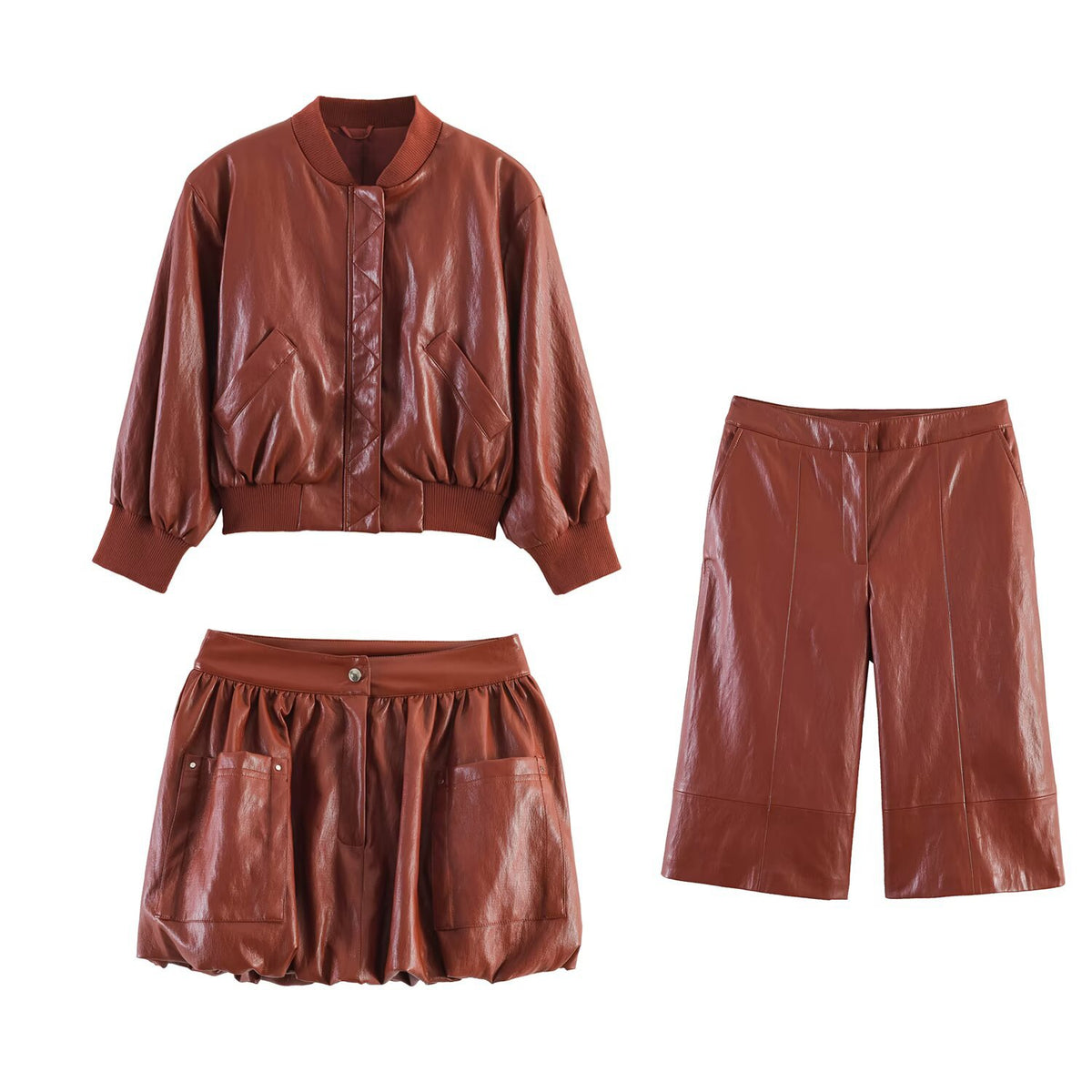 Rust Faux Leather 3 Piece Set Bomber Jacket & Mini Bubble Skirt & Bermuda Shorts