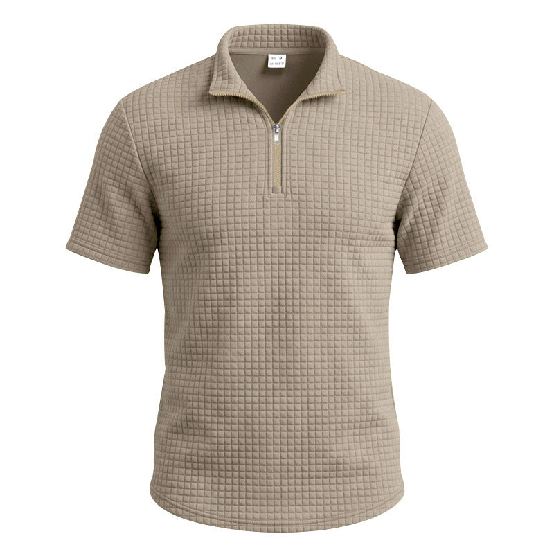 Homme Jacquard Plaid Relaxed-fit Stand-collar Polo manches courtes