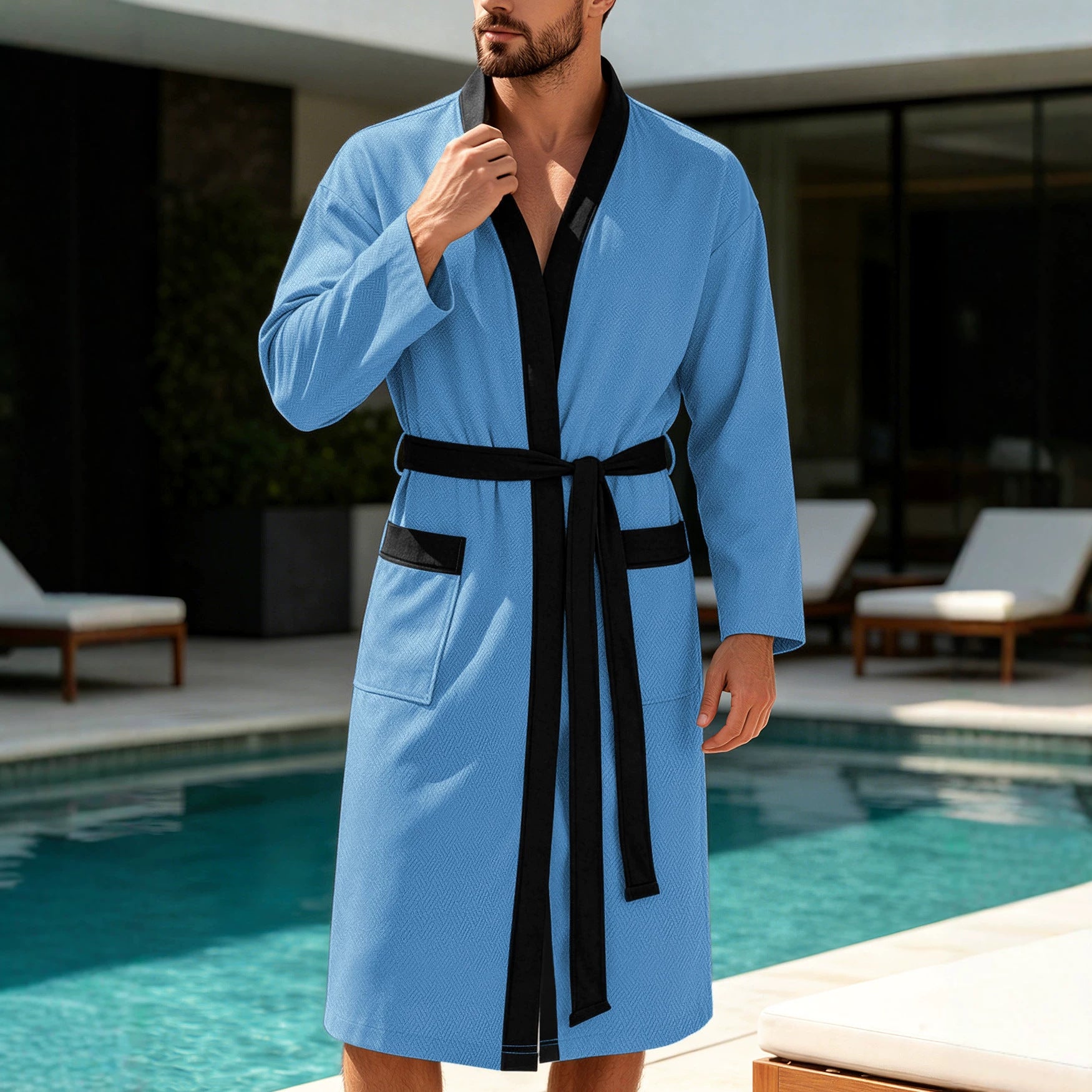 Hommes Twill Terry Cloth Casual Robe longue avec deux poches et cordon de serrage
