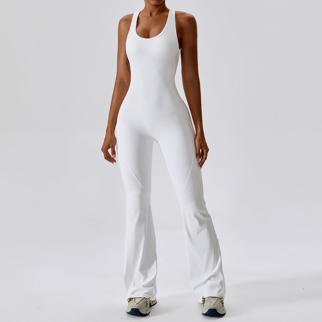 Femmes Quick Dry One Piece Yoga Jumpsuit Haute Taille Tummy Control Butt Lifting Flared Leg B