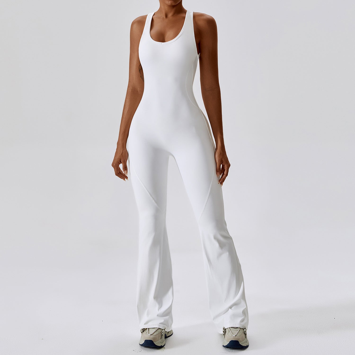 Femmes Quick Dry One Piece Yoga Jumpsuit Haute Taille Tummy Control Butt Lifting Flared Leg B