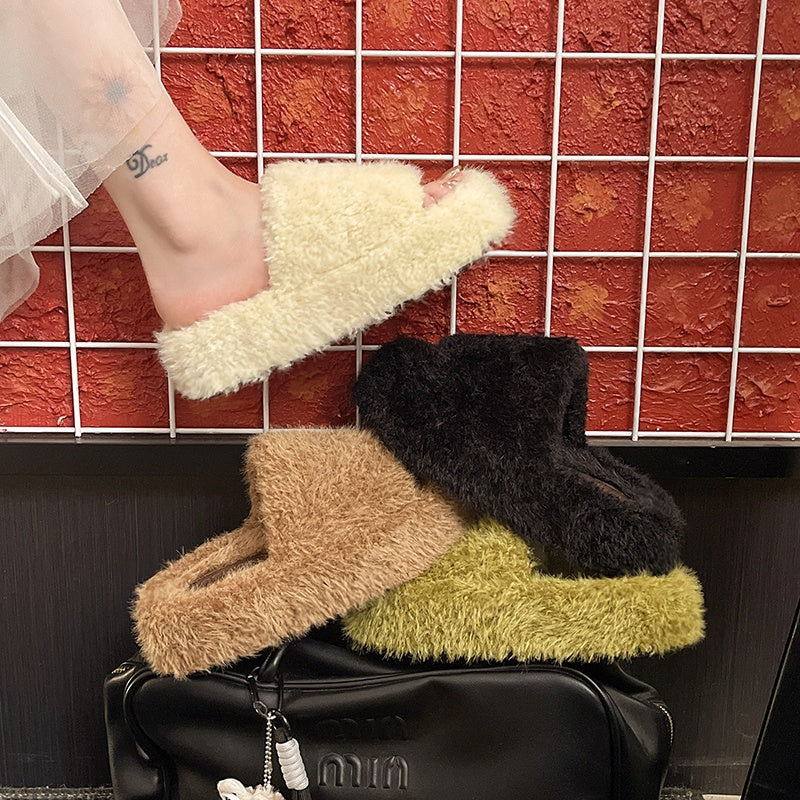 Plateforme Automne Hiver Coton Pantoufles Fuzzy Pantoufles Femmes Outdoor Vintage Fashion Furry