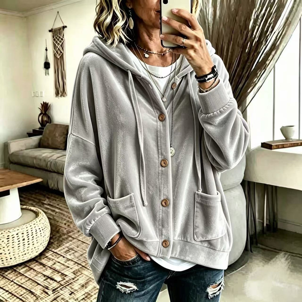 Femmes Automne Veau d'hiver Hoodie Cardigan Bouton avant cordon drawstring manches longues Casual Loose