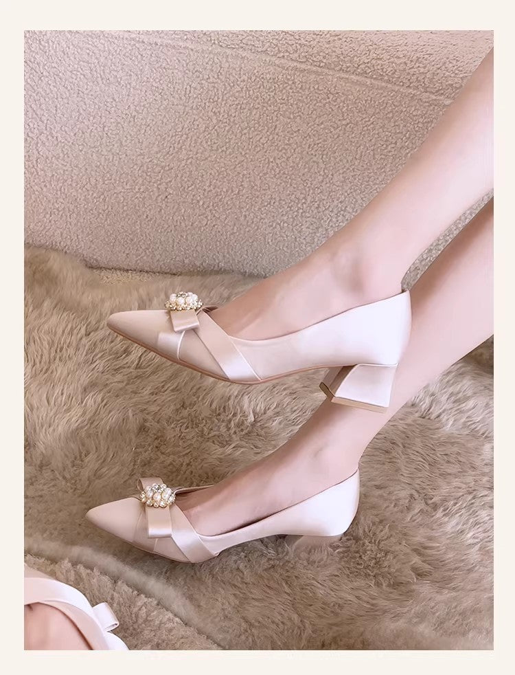 Women's Romantic Bridal Glossy Satin Block Heel Pumps