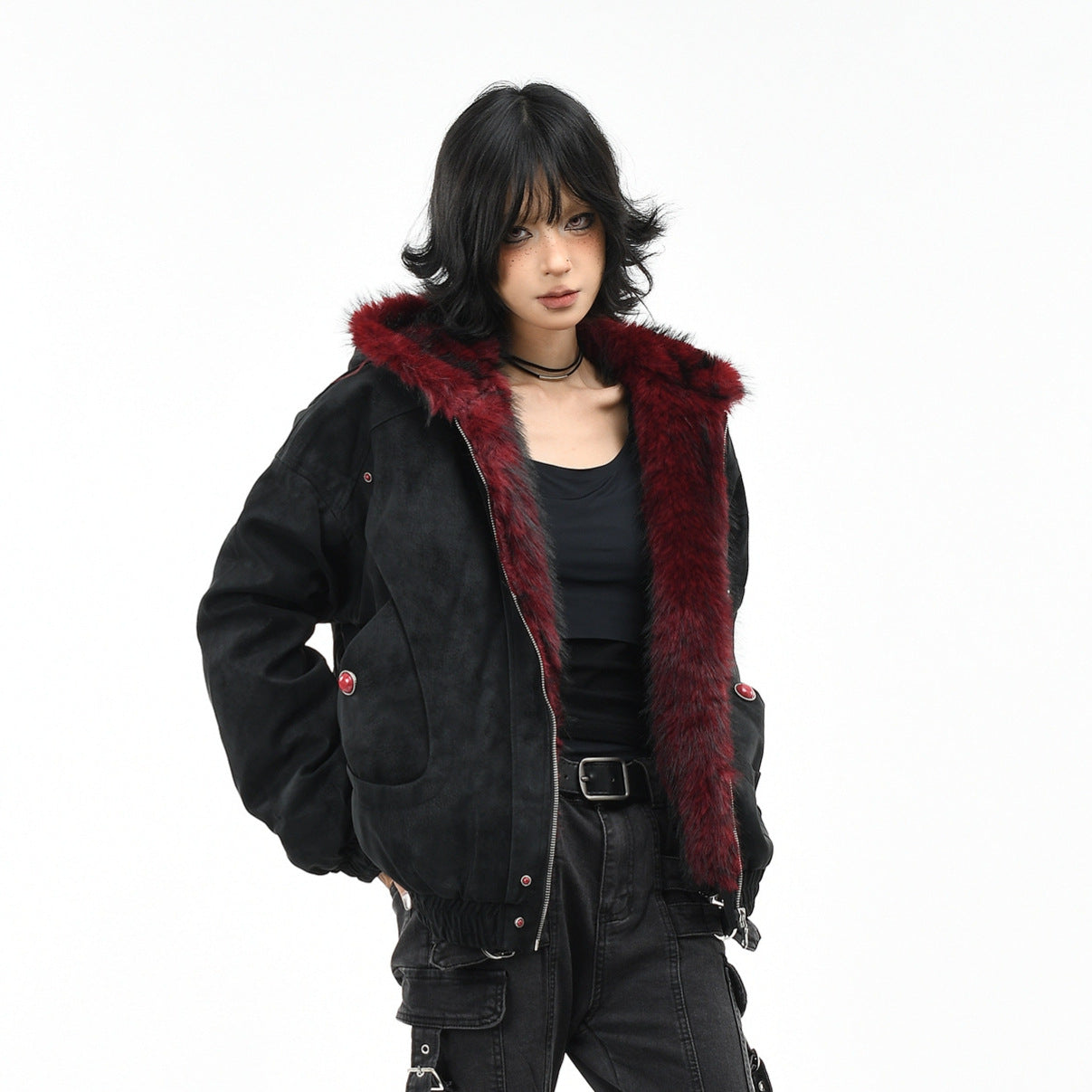 Mountain Carving Red Fur Collar Vintage PU en cuir polaire manteau chaud