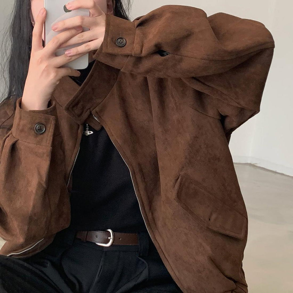Veste d'hiver rétro chaude de Deerskin Velvet Double Zipper