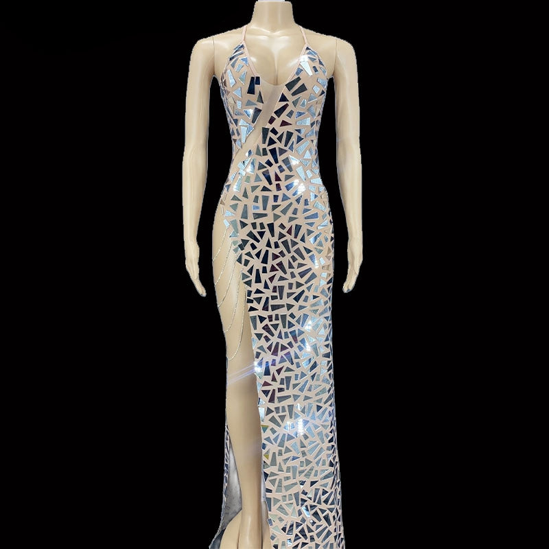 Miroirs brillants Robe de soirée sans manches sexy avec col haute fente
