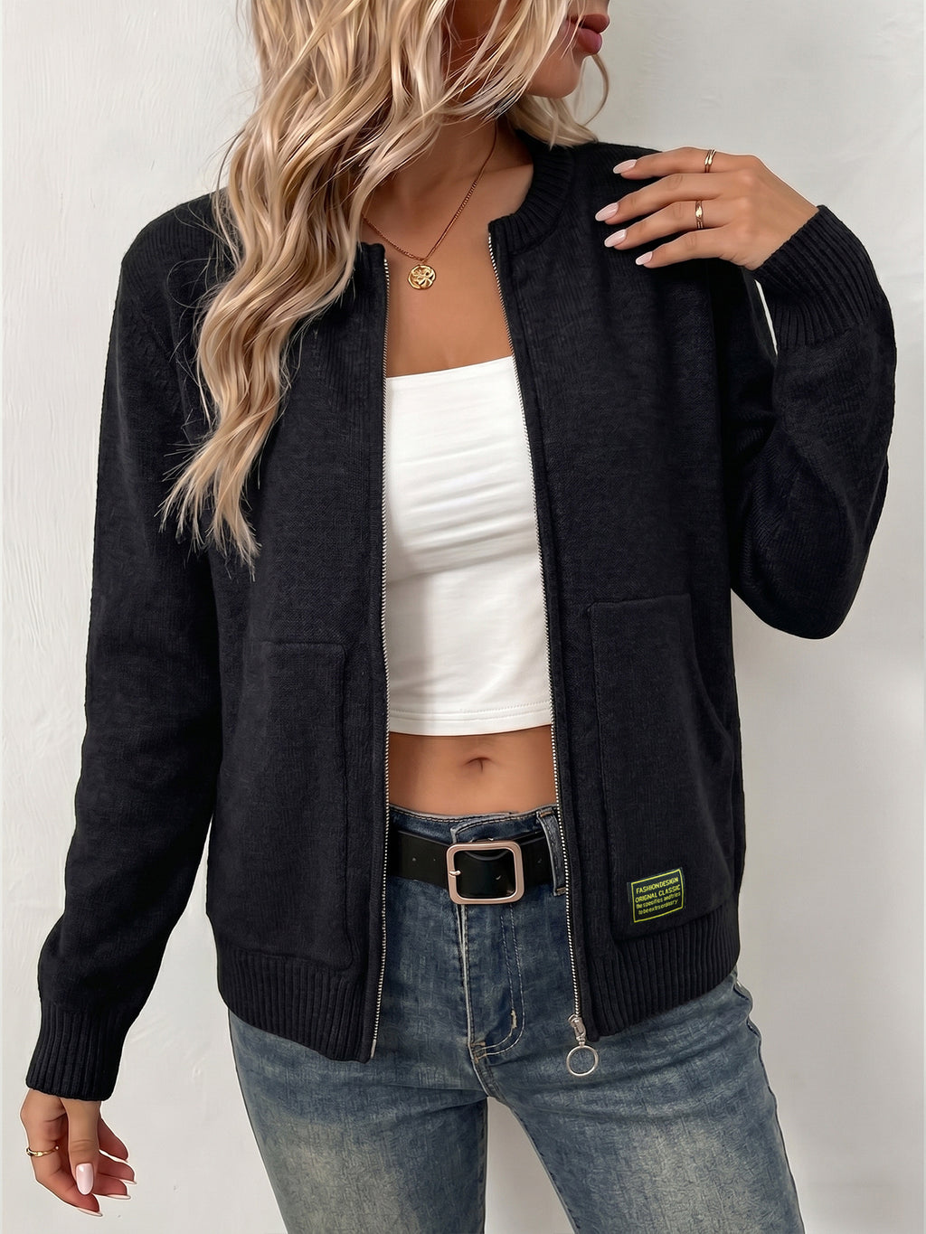 Cardigan tricoté couleur solide pour femmes avec fermeture éclair