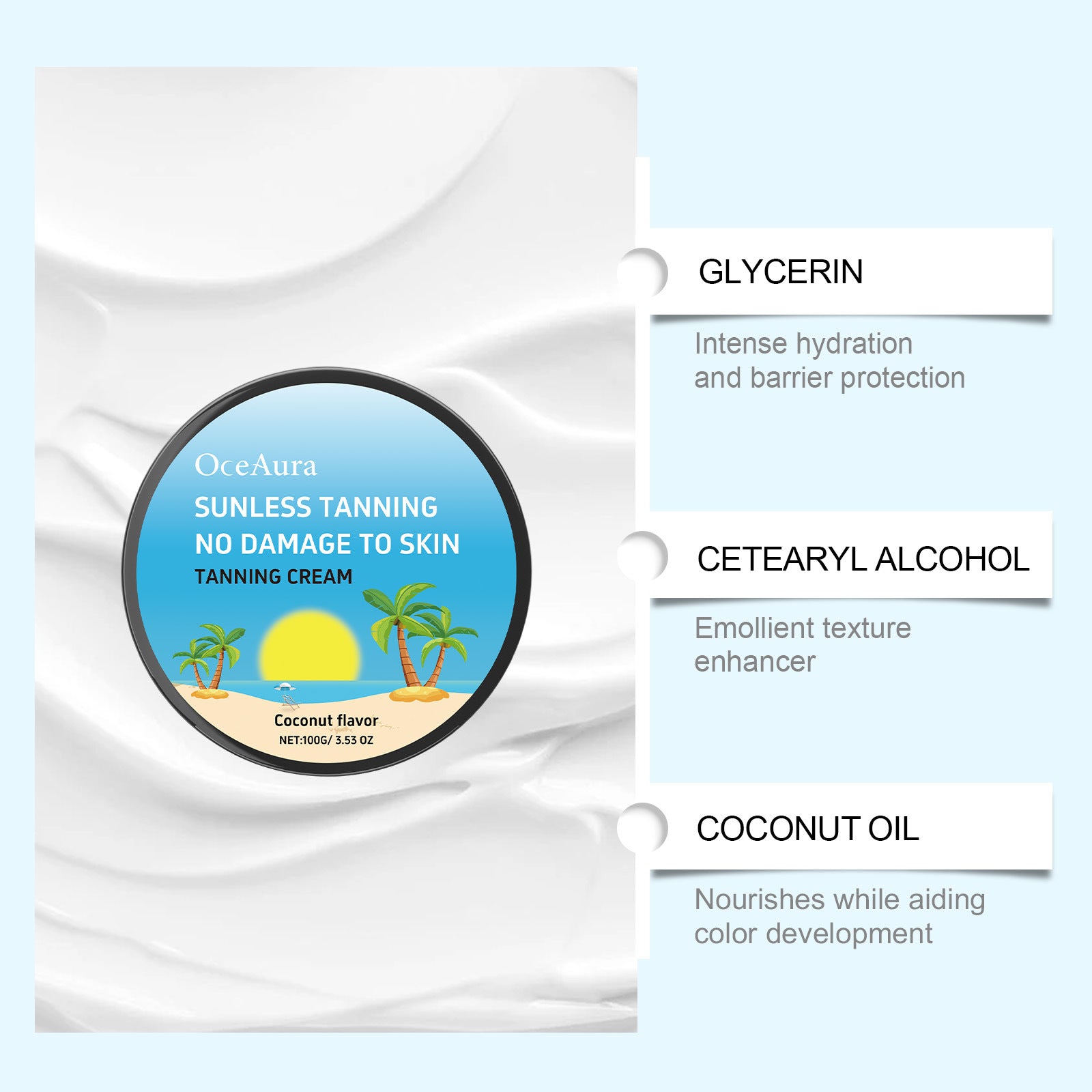 Oceaura Coconut Darkening Crème corporelle Coconut parfumé Carotène Sunless Tanning réglable C