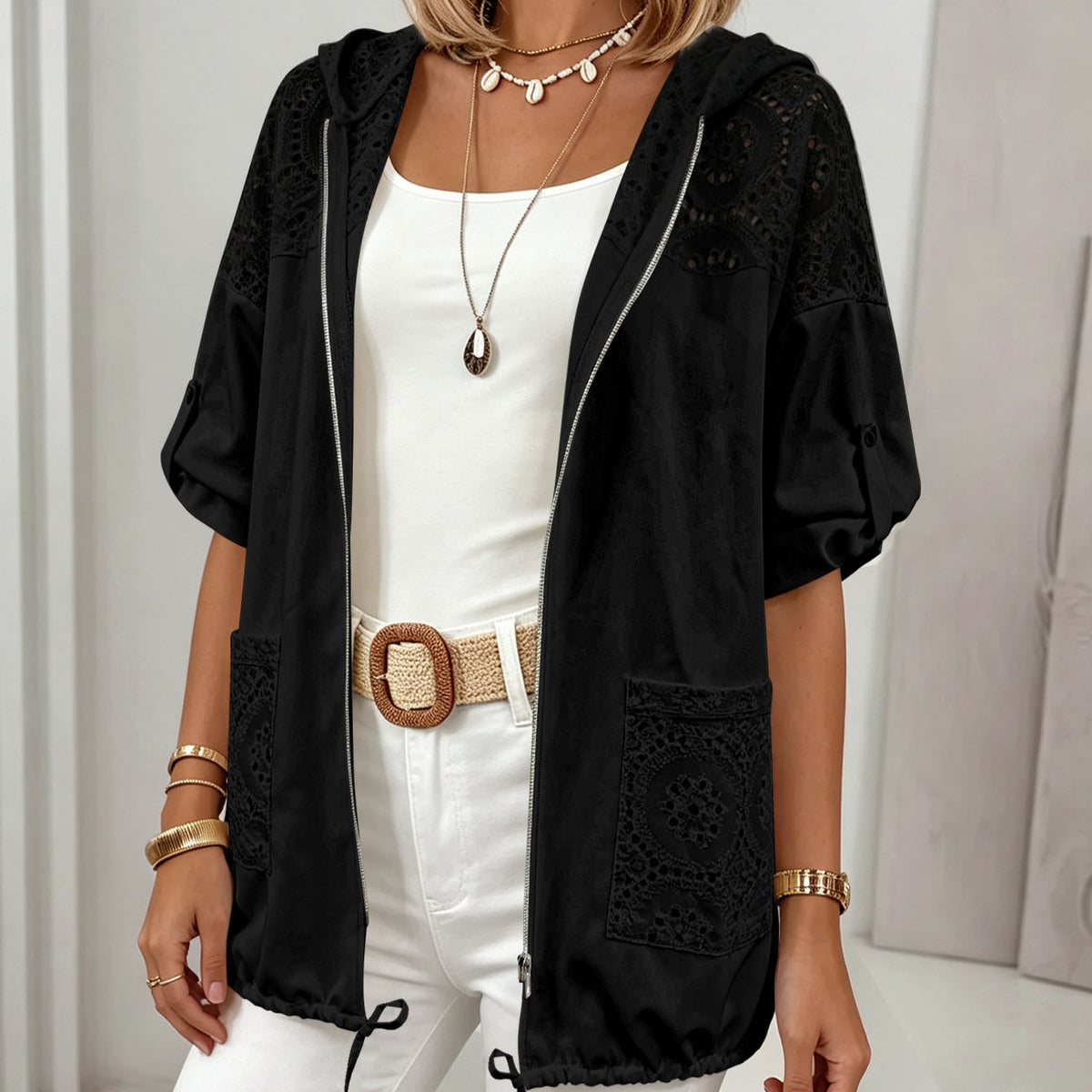 European And American Plus Size Women's Hollow-out à capuche Cardigan Dentelle Stitching Pocket D