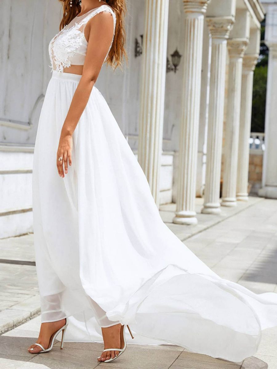 Mousseline Dentelle Trailing Mariage Grande robe à balançoire