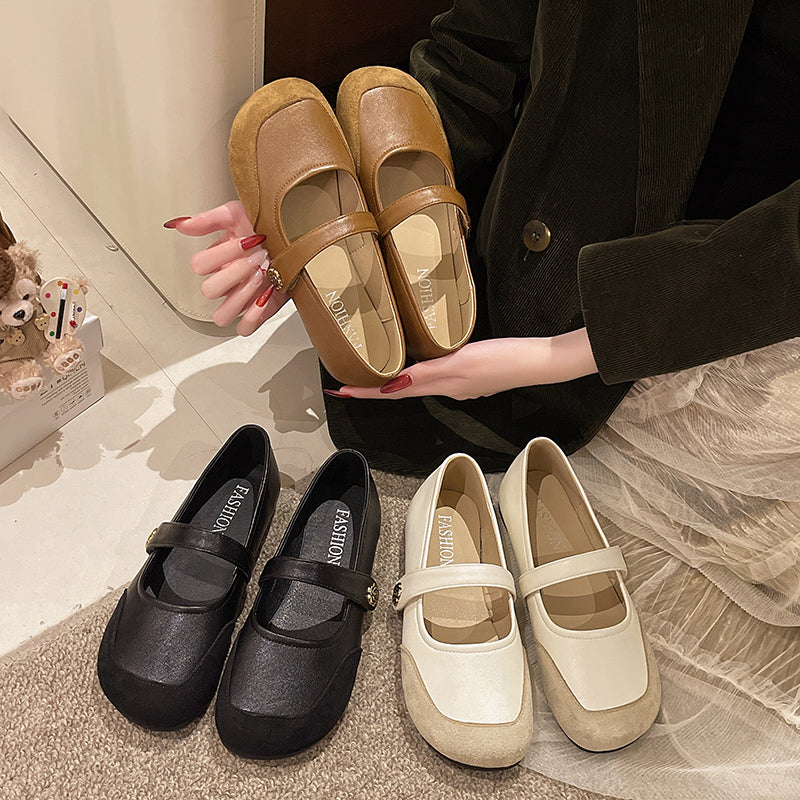 Mocassins d'orteils ronds Femmes Printemps Français Vintage Shallow Bouche Pompes Une Strap Buckle Mary Ja
