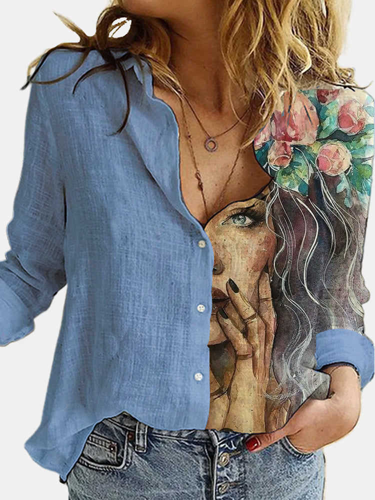 European and American Summer Fashion Women's Loose Style Retro Cartoon Digital Printed Lon