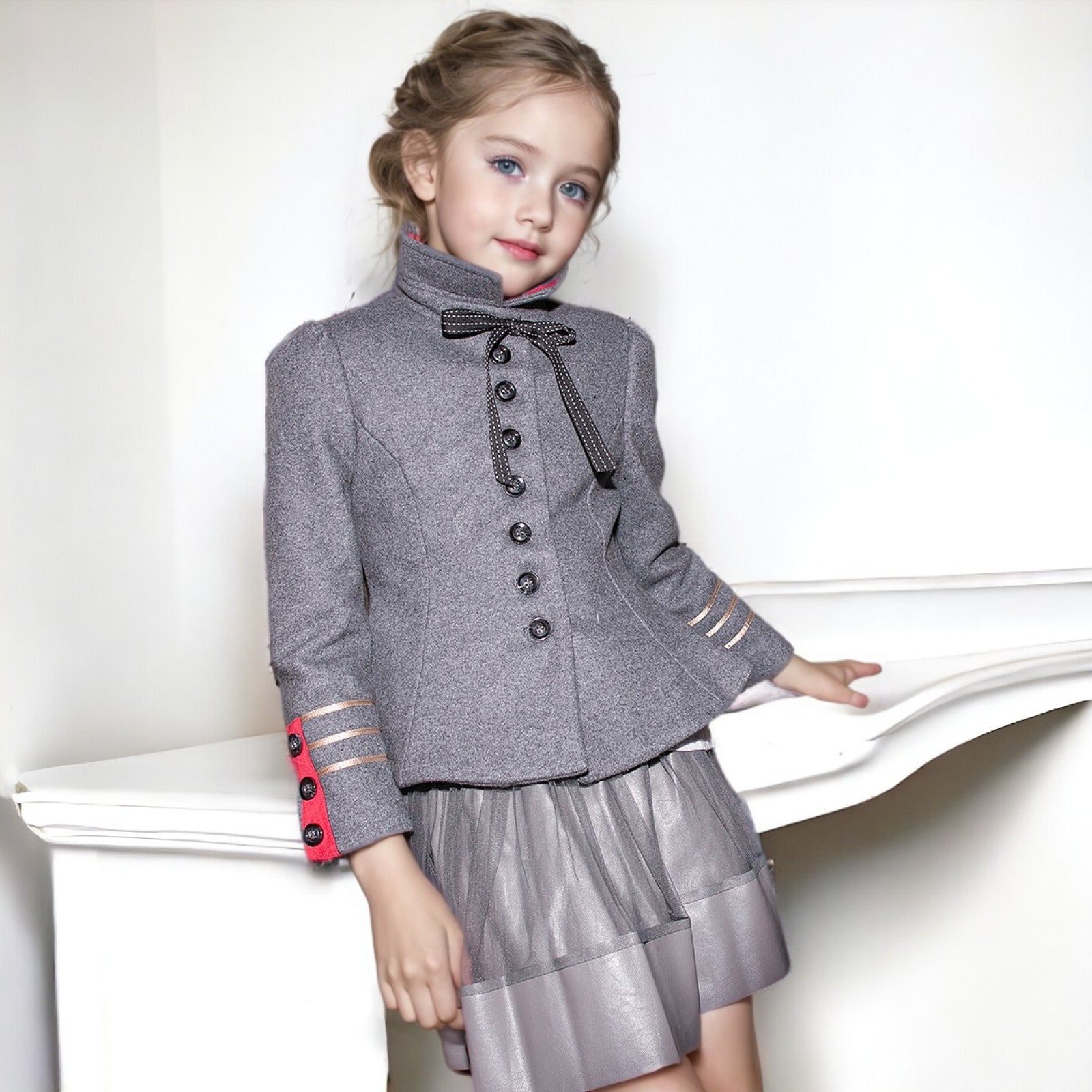 Filles' T - Velours ou mélange de laine luxe Top 3-5Y Vintage militaire Peplum Jacke
