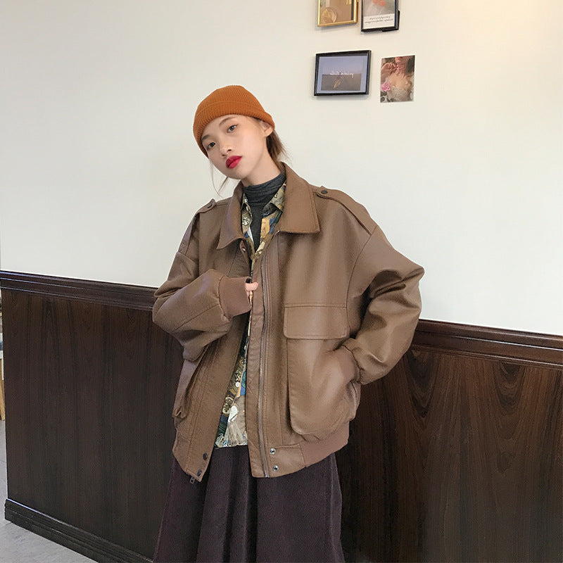 Veste de style Ins Hong Kong pour femme en cuir rétro