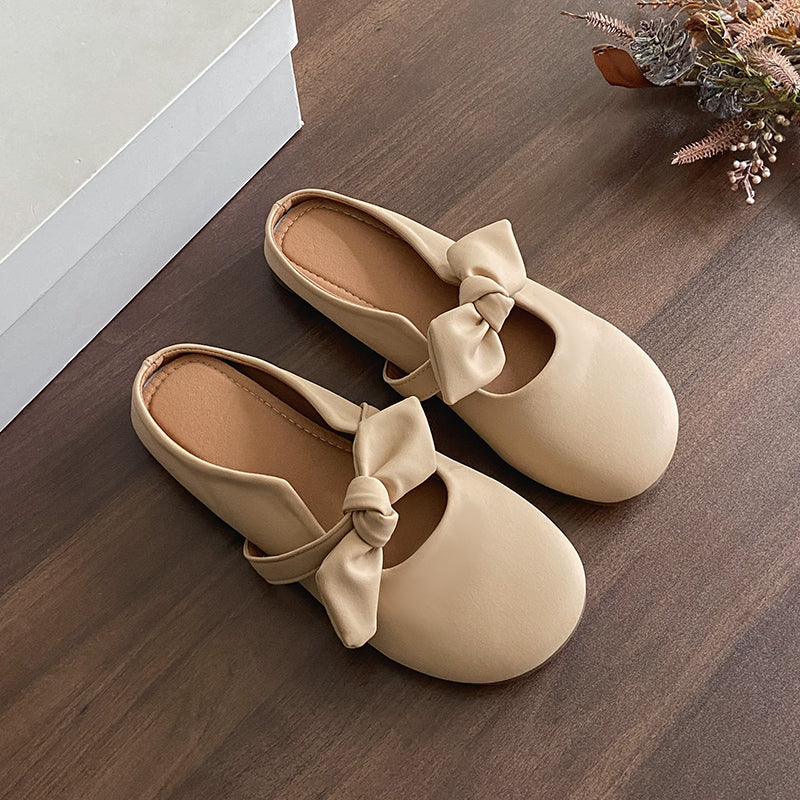 Women Gentle Girly Big Satin Bow Backless Mule Flats Matching Daily