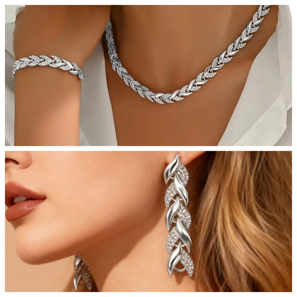 2PCS Collier de collier de feuille de verre Set Élégant collier chaîne en Strass Bracelet pour femme Mode