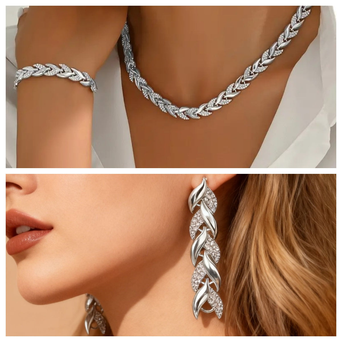 2PCS Collier de collier de feuille de verre Set Élégant collier chaîne en Strass Bracelet pour femme Mode