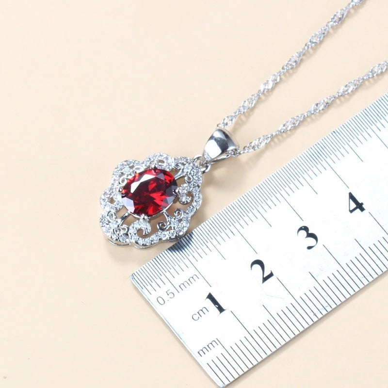 Garnet Cubic Zirconia Boucles d'oreilles Collier pendentif Bracelet Bague Cadeau 4 PCs Set