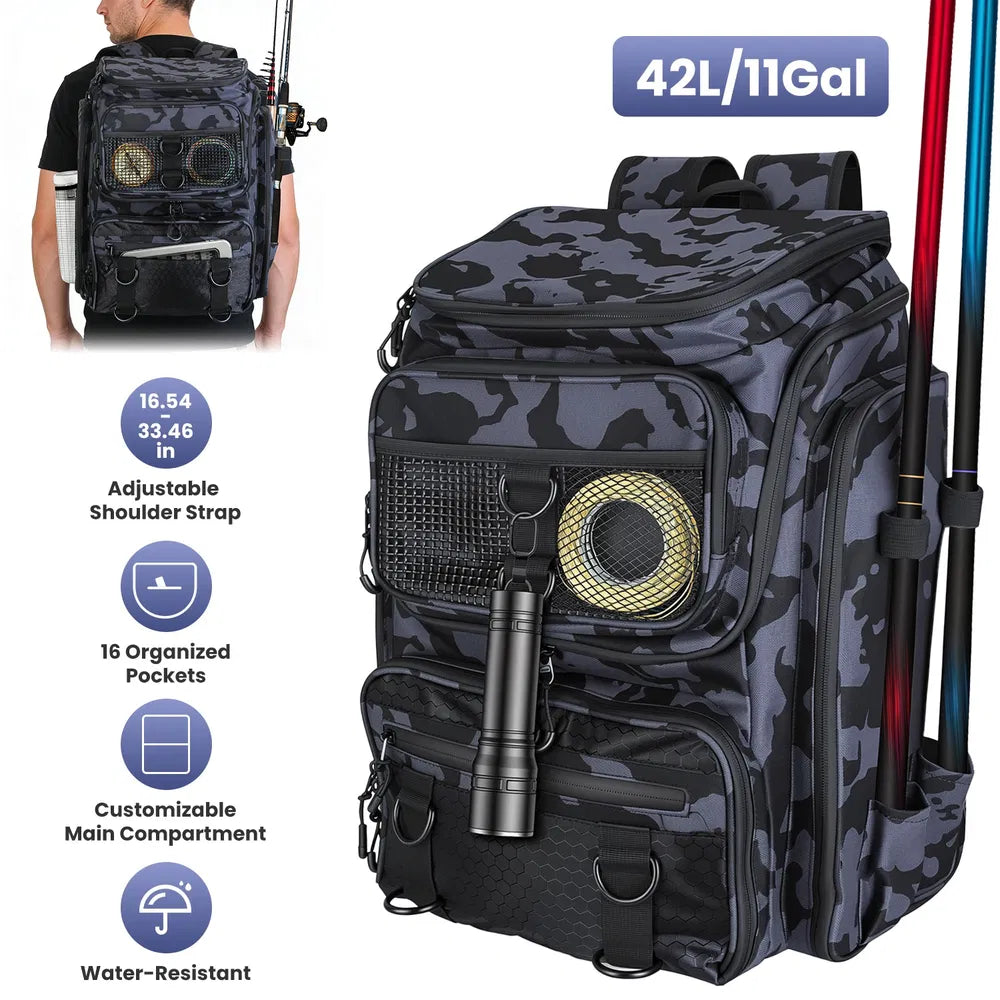 42L&11Gal sac à dos de pêche grande capacité de pêche sac de rangement avec porte-rodes 16-P