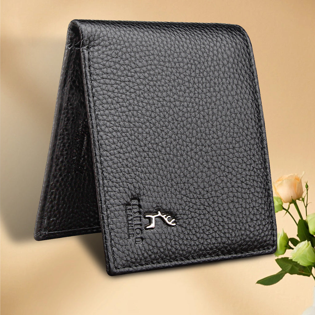 Genuine Leather Wallet Black Cowhide Short Bifold