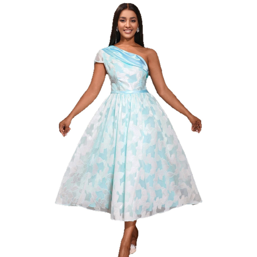 Robe de soirée contrastante oblique pour femmes Jacquard Robe élégante