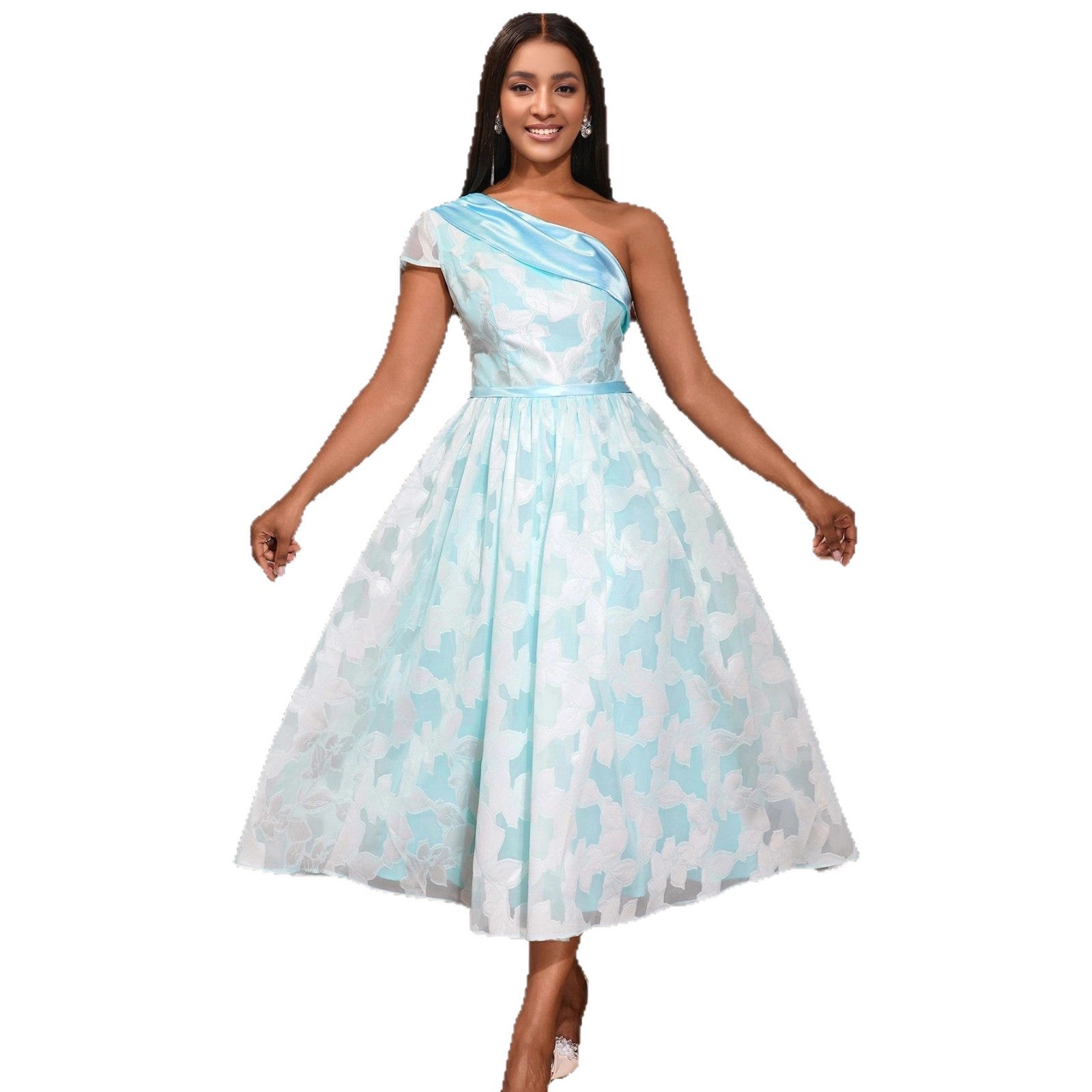 Robe de soirée contrastante oblique pour femmes Jacquard Robe élégante